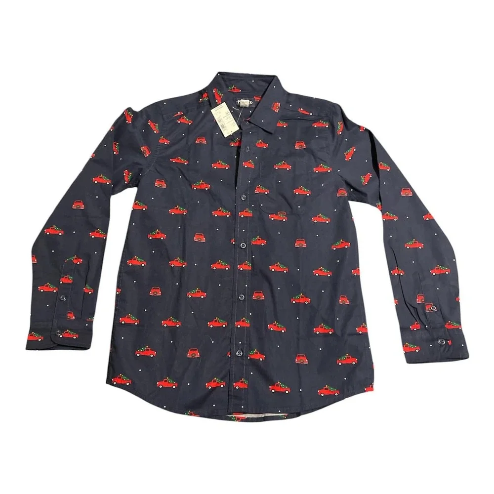 The Childrens Place Button Down Shirt‎ Kids 10/12 Navy Christmas